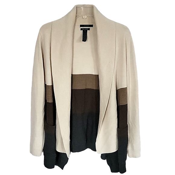 Tahari Brown Striped Wool Blend Open Front Cowl Neck Cardigan Sweater Size XL - Picture 1 of 8